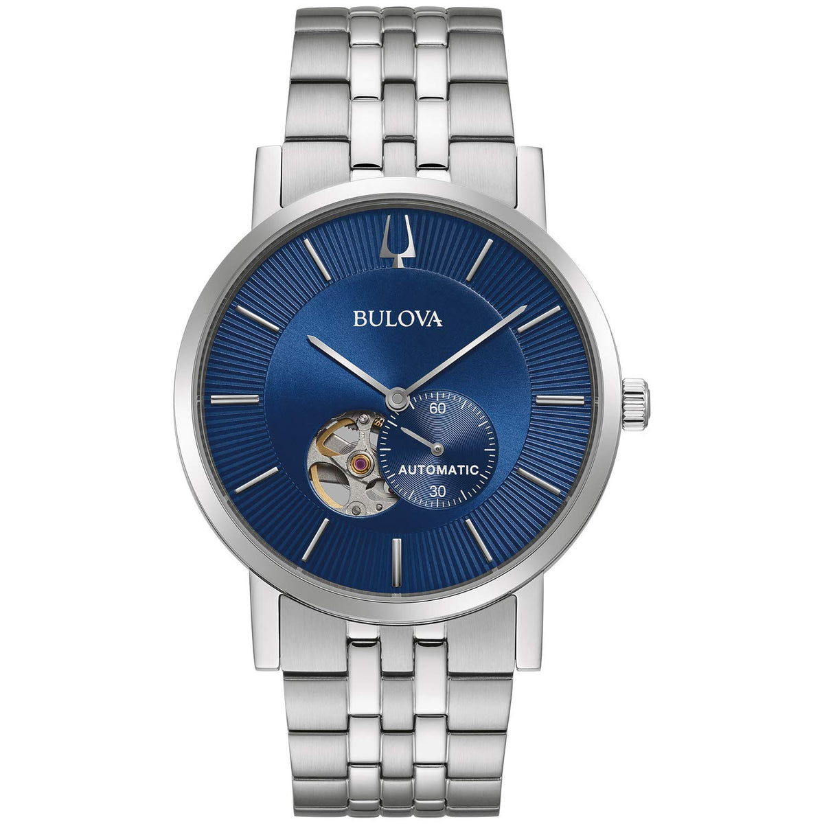 Bulova Men's Classic Dress 3-Hand 21- Jewel Automatic Watch, 42 Hour Reserve, Hack Feature, Sub-Second Hand, Open Aperture Dial, Exhibition Case Back, 42mm - Stainless Steel/ Blue Dial