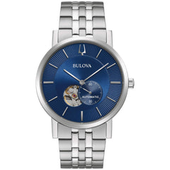 Bulova Men's Classic Dress 3-Hand 21- Jewel Automatic Watch, 42 Hour Reserve, Hack Feature, Sub-Second Hand, Open Aperture Dial, Exhibition Case Back, 42mm - Stainless Steel/ Blue Dial