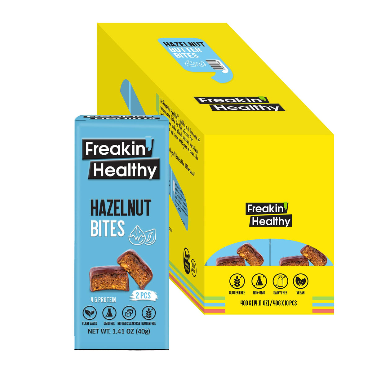Freakin Healthy Hazelnut Bites, Nut Butter Snack with Raw Chocolate, Plant-Based & Naturally Sweetened - 400g – Pack of 10