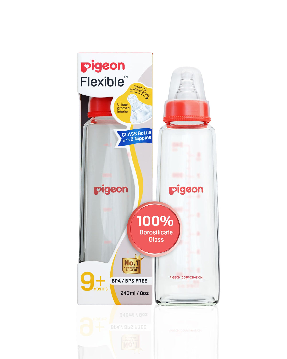 PIGEON Glass Feeding Bottle 240ML (RED) with ADD L