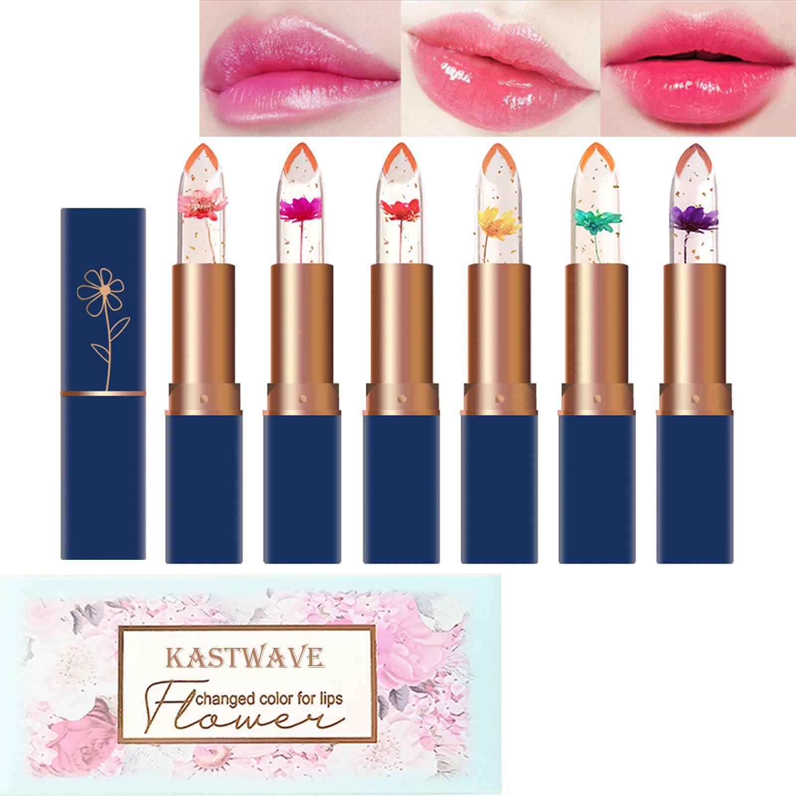 KASTWAVE Jelly Lipstick, 6 Pcs PH Clear Temperature Color Changing Lip with Crystal Flower, Long Lasting Nutritious, Moisturizing Lip Balm for Women, Girl