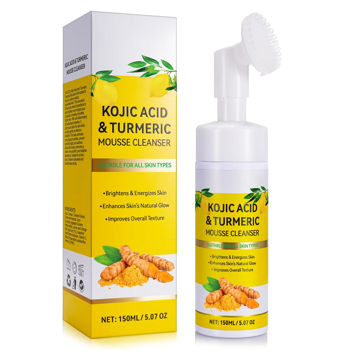 ALIVER Kojic Acid Turmeric Cleansing Mousse 150ml, Turmeric Foaming Cleanser Gentle Yet Effective Exfoliation, Deep Cleansing, Brightening and Moisturizing, Suitable for all Skin Types