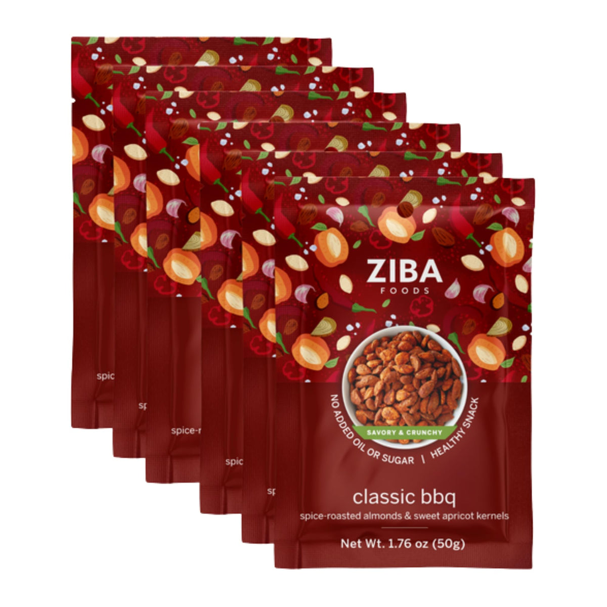 Ziba Foods Classic BBQ Snack Mix - Heirloom Almonds & Sweet Apricot Kernels with Smoky Savory Barbecue Spices, Dry Roasted with No Added Oil or Sugar, Non-GMO Vegan Protein Snack - Single Serve 6 Pack