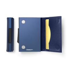 OGON Automatic Leather wallet Cascade Slim - Compact aluminum RFID blocking card holder - Up to 8 cards and banknotes - Navy Blue