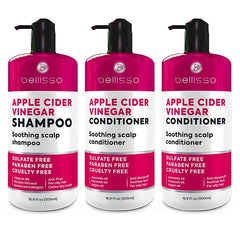 BELLISSO Apple Cider Vinegar Shampoo and Conditioner Set with Natural Ingredients, Sulfate Free, Paraben Free, Ideal for Oily Hair, Soothing and Nourishing, 8 Ounces each