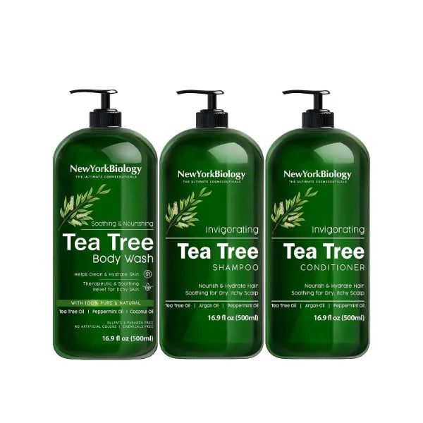 New York Biology Tea Tree Body Wash with Tea Tree Shampoo and Conditioner Set Helps Itchy Skin Conditions & Body Odor Deep Cleanser Relief for Dandruff and Itchy Scalp 16.9 fl. Oz
