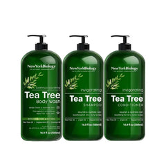 New York Biology Tea Tree Body Wash with Tea Tree Shampoo and Conditioner Set Helps Itchy Skin Conditions & Body Odor Deep Cleanser Relief for Dandruff and Itchy Scalp 16.9 fl. Oz