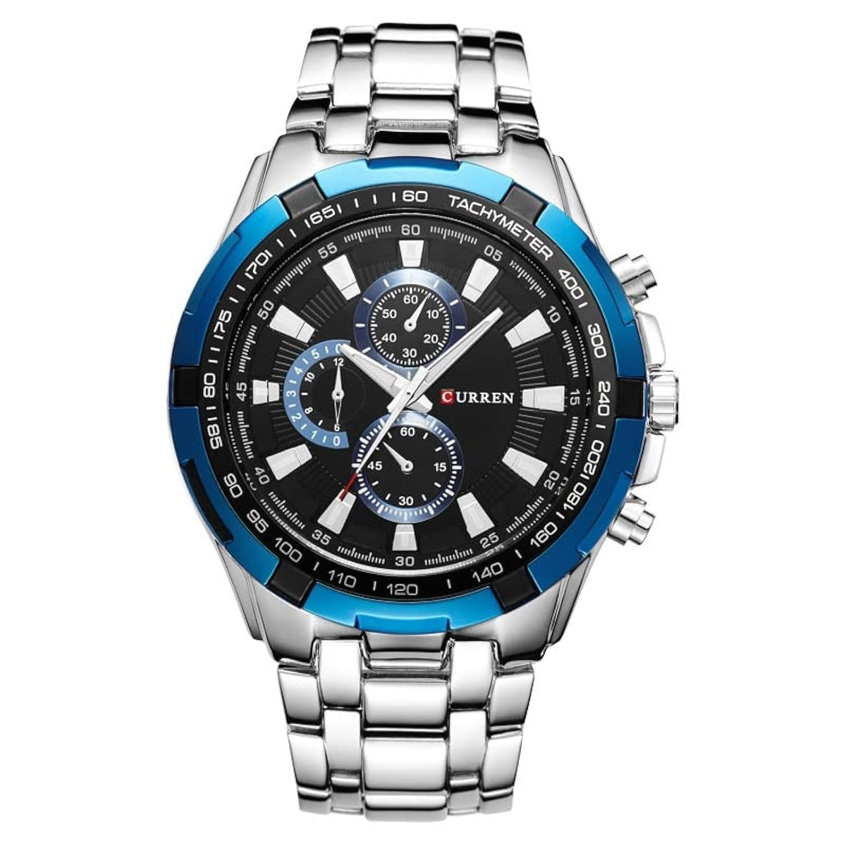 CURREN Men's Chrono Watch Black Stainless Steel Case Blue Bezel Black Dial 3 Subdials Stainless Steel Case