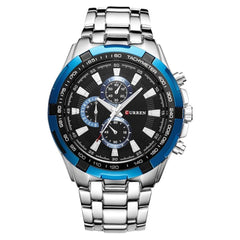 CURREN Men's Chrono Watch Black Stainless Steel Case Blue Bezel Black Dial 3 Subdials Stainless Steel Case