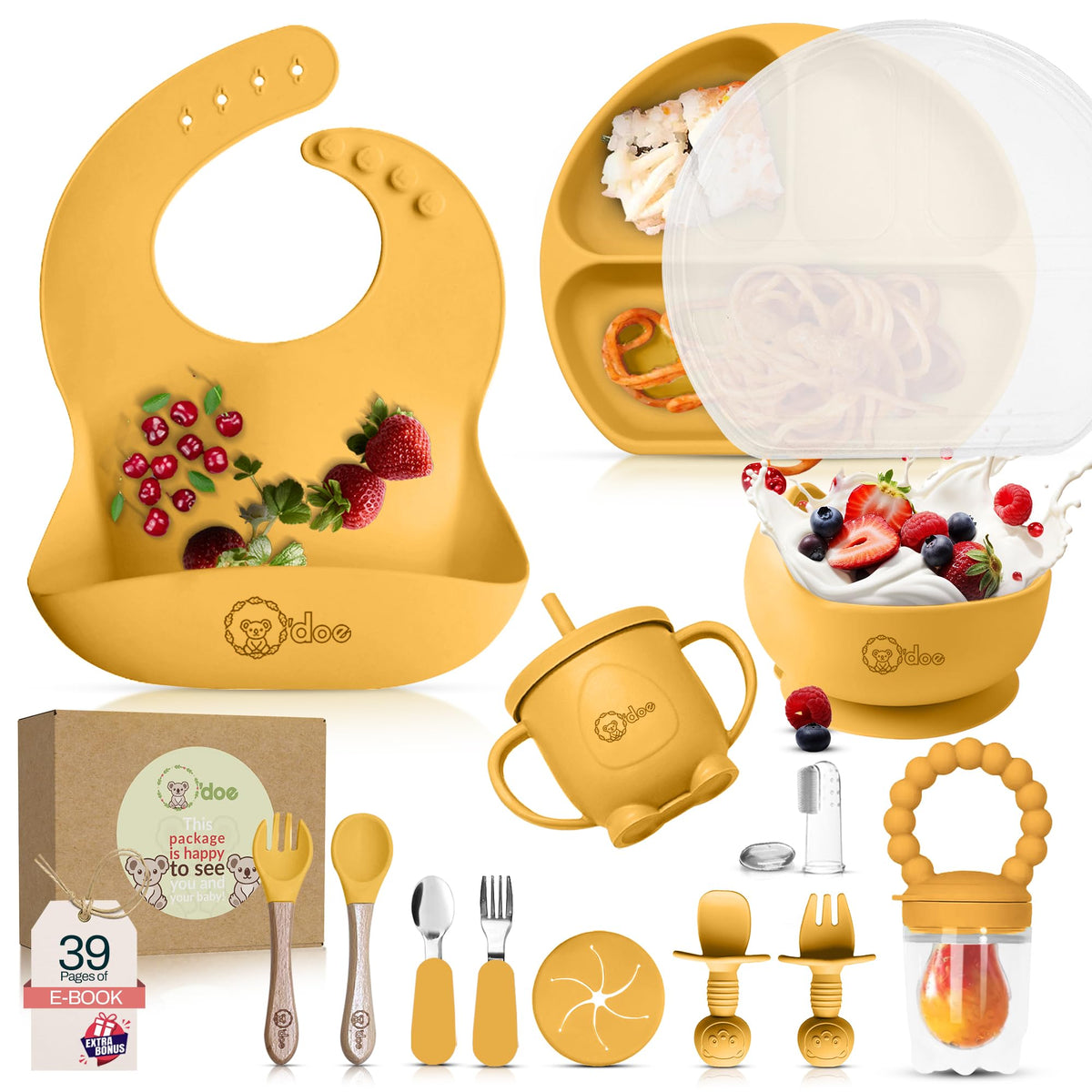 O'doe Baby Led Weaning Feeding Supplies for Toddlers, Baby Feeding Set | Suction Silicone Baby Bowl-Self Eating Utensils Set with Spoons, Bibs, Toddlers Spoon Set | Plate Kit
