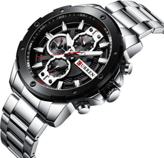 CURREN Men's Chronograph Watch Stainless Steel Case Black Dial 3 Subdials with Date Window Stainless Steel Bracelet, Silver