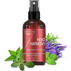 Seven Minerals, Head Harmony Spray - Powerful Magnesium Oil Blend with Essential Oils (Lavender, Sweet Marjoram, Peppermint, Rosemary, and Basil) fo Relief - Made in USA - Free Trigger Tracker - 4 FL Oz