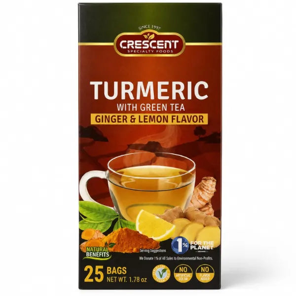 Crescent Specialty Food Turmeric Ginger Lemon Green Tea Bags, Green Tea Blend with Dried Turmeric, Dried Ginger & Dried Lemon, 0 Calories, No Sugar Added, Hot or Iced Tea, Halal, Product of Jordan, 25 Tea Bags