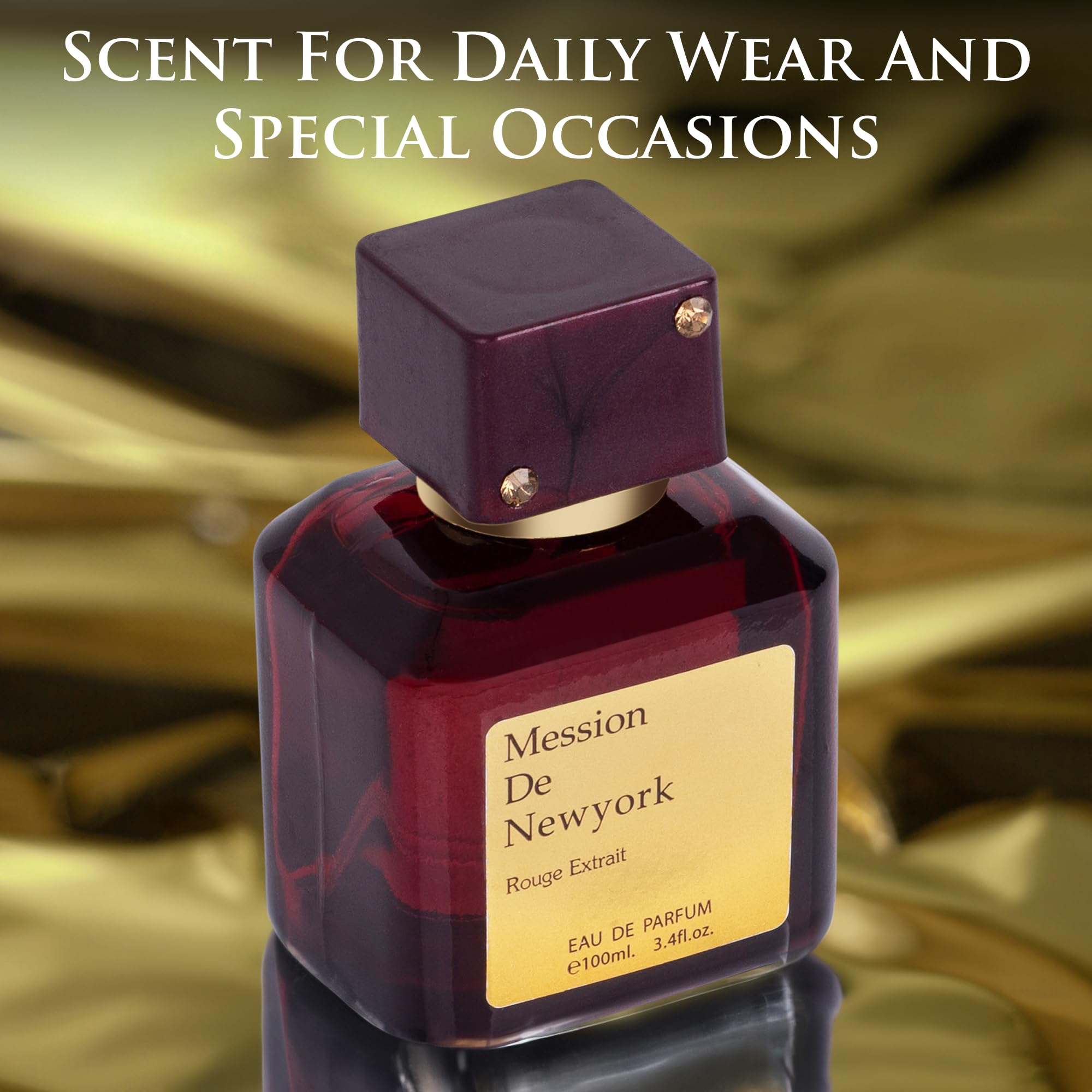 Mession de NewYork Rouge Extrait for Eau De Parfum Men and Women 3.4 Oz Features Bitter Almond & Saffron Top notes Jasmine, Cedar, ambergris, Musk & Woody ase Notes Elegant 100ml Bottle for Birthday