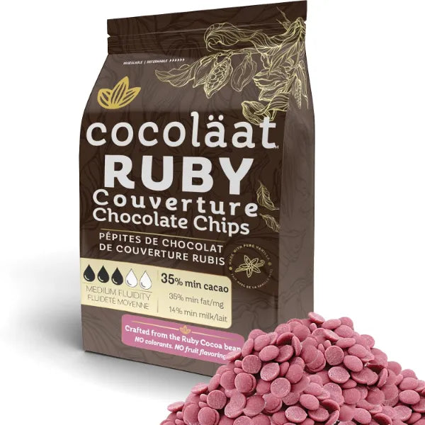 Cocoläat Ruby Couverture Chocolate Chips | Culinary Grade for Bakers, Pastry Chefs, & Chocolatiers | 35% Cocoa - 35% Fat | Gold Foil Resealable Pouch Perfect Holiday Gift - 12 oz