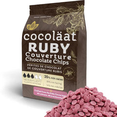 Cocoläat Ruby Couverture Chocolate Chips | Culinary Grade for Bakers, Pastry Chefs, & Chocolatiers | 35% Cocoa - 35% Fat | Gold Foil Resealable Pouch Perfect Holiday Gift - 12 oz