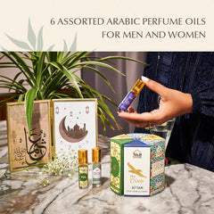 Dukhni Mixed Attar Oil Set | Authentic Arabic Fragrance Oils| Long- lasting Halal Scents for Ramadan & Eid Gifts | Open Sky, Attar Ful, SkyDive, Shahi Darbar, Oud Al Qamar, Oud Al Raghbah - 6ml each