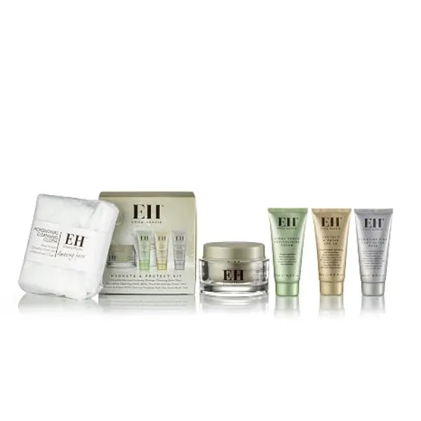 Emma Hardie Hydrate & Protect Kit, Gift Sets Includes 50ml Moringa Cleansing Balm, 15ml Midas Touch Revitalising Cream, 15ml Protect & Prime SPF30 Cream, 15ml Pink Clay Detox Mask & a Cleansing Cloth