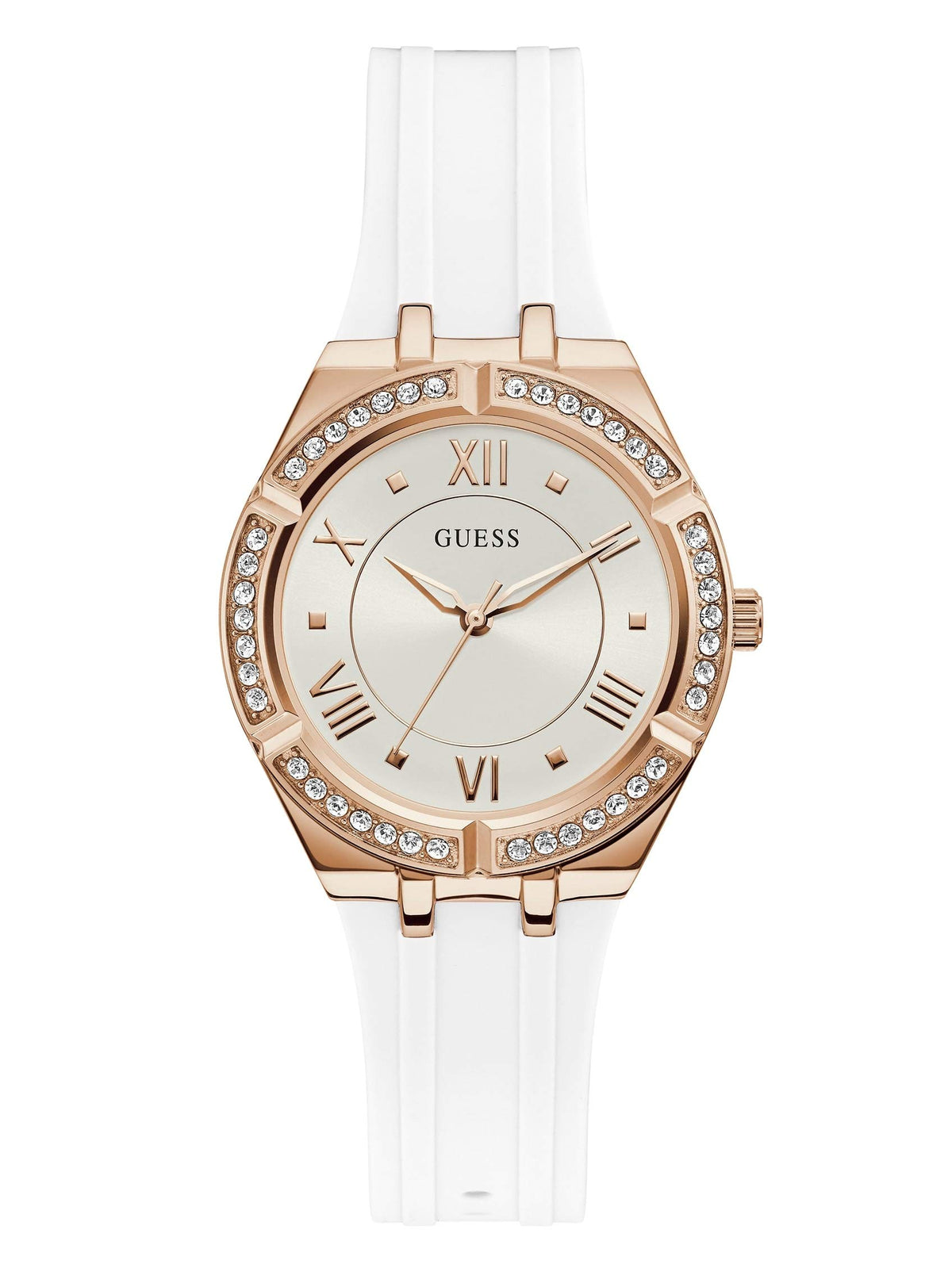GUESS Blue + Rose Gold-Tone Crystal Silicone Watch