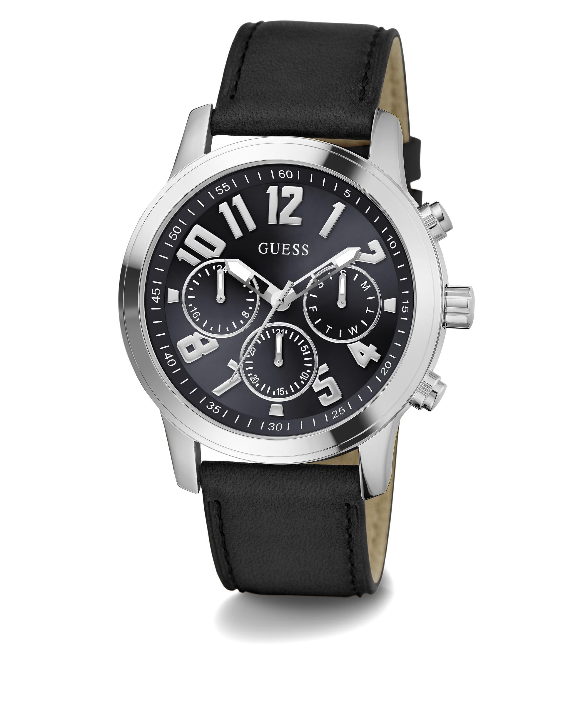 GUESS Men's 44mm Watch - Black Strap Navy Dial Silver Tone Case