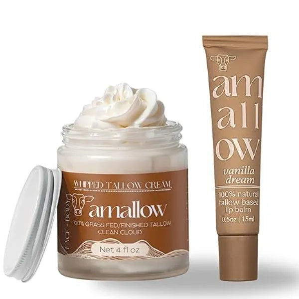 Amallow 100% Grass Fed Beef Tallow Skincare & Lip Balm Set Whipped Moisturizer for Face & Body Clean Cloud + All Natural Tallow Lip Balm Vanilla Dream