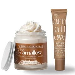 Amallow 100% Grass Fed Beef Tallow Skincare & Lip Balm Set Whipped Moisturizer for Face & Body Clean Cloud + All Natural Tallow Lip Balm Vanilla Dream