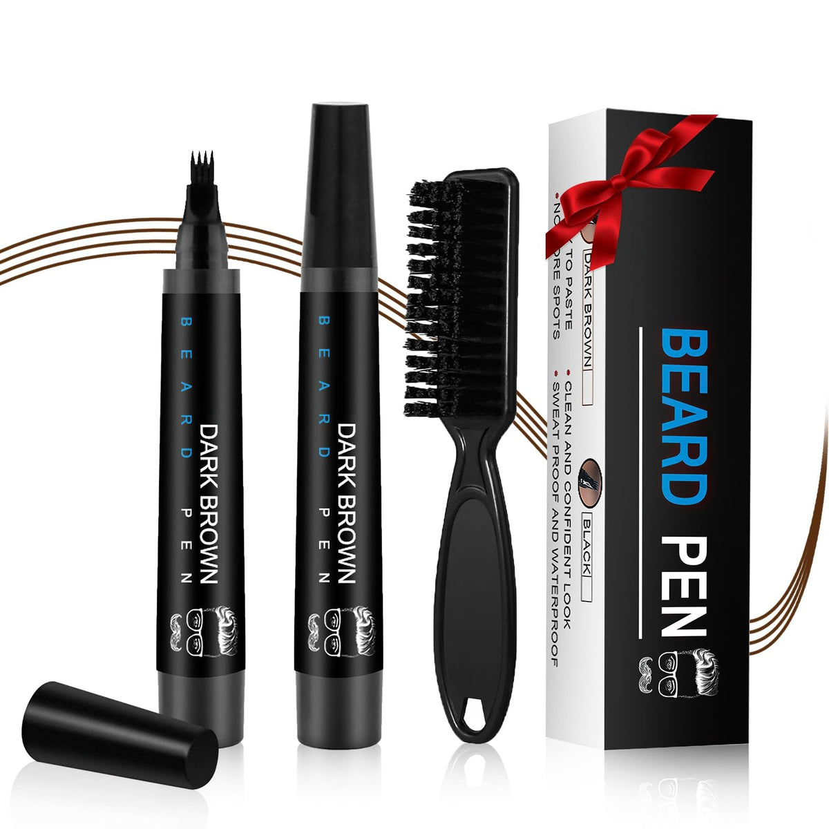 KASTWAVE Beard Pencil Filler for Men - 4 Forks Grooming Beard Pencil with Brush, Waterproof Sweatproof & Long Lasting, Natural Beard, Ideal Gifts for Dad Husband Boyfriends (Dark Brown, 1 PCS)