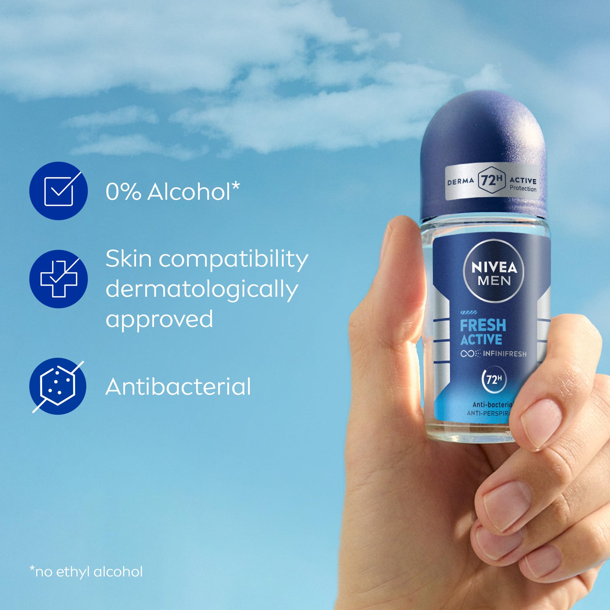 NIVEA MEN Antiperspirant Roll-on for Men, Fresh Active Fresh Scent, 50ml