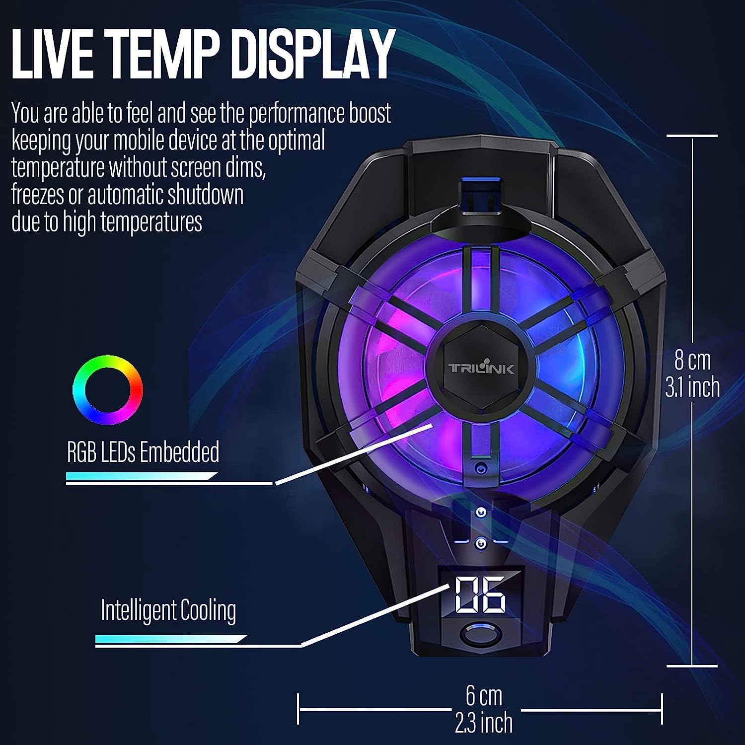 Phone Cooler with Rechargeable Battery for Gaming Portable phone Cooling Heatsink Fan Mobile Phone Radiator with LED Temperature Display/Universal Clamp/RGB LEDS mobile cooling fan