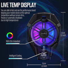 Phone Cooler with Rechargeable Battery for Gaming Portable phone Cooling Heatsink Fan Mobile Phone Radiator with LED Temperature Display/Universal Clamp/RGB LEDS mobile cooling fan