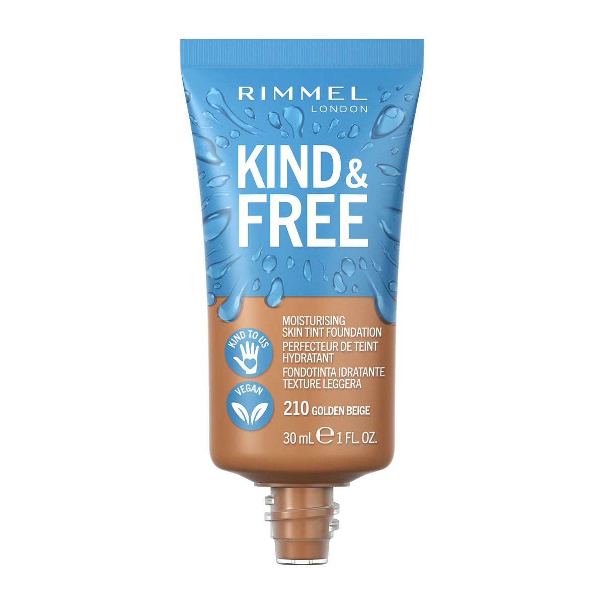 Rimmel KIND & FREE Skin Tint - Moisturising Foundation - With Vitamins E & B5 - Kind To Animals & Vegan - 30 ml, shade 210 Golden Beige