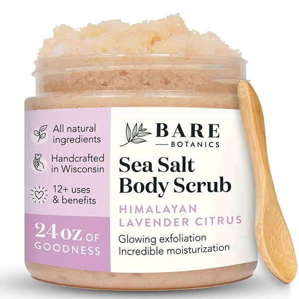Bare Botanics Himalayan Lavender Citrus Body Scrub 24 oz - Naturally Scented Salt Scrub Made in Madison WI - Formulated w/Skin Loving Moisturizers - Cruelty Free Exfoliator w/a Cute Wooden Spoon