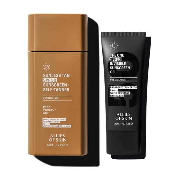 Allies of Skin Daily Self Tanner with SPF 50 & Daily Face Sunscreen SPF 50 Travel Size | Daily Duo for Natural Glow & Invisible UV Protection in Lightweight Gel Formula (1.7 oz / 0.7 oz)