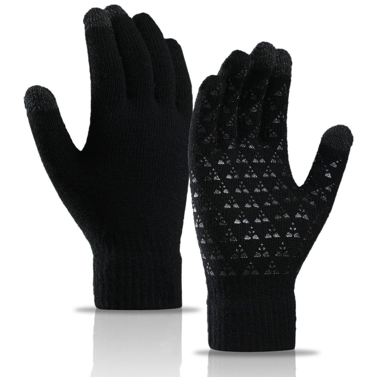 TERRIFI 2 Pairs of Winter Knit Gloves, Warm Full Fingers Men Women with Upgraded Touch Screen - Anti-Slip Glove Fleece Lined for Winter Outdoor sports for Winter Outdoor sports, 21x11CM/Black
