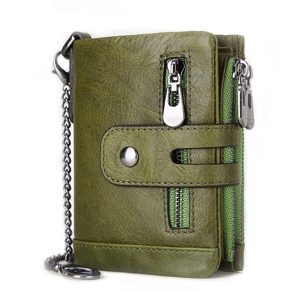 SLGOL Mens Chain Wallets with Anti-Theft Chain, Genuine Leather Purse RFID Blocking Bifold Wallet with Coin Pocket Purse (Green)