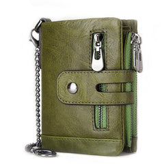 SLGOL Mens Chain Wallets with Anti-Theft Chain, Genuine Leather Purse RFID Blocking Bifold Wallet with Coin Pocket Purse (Green)