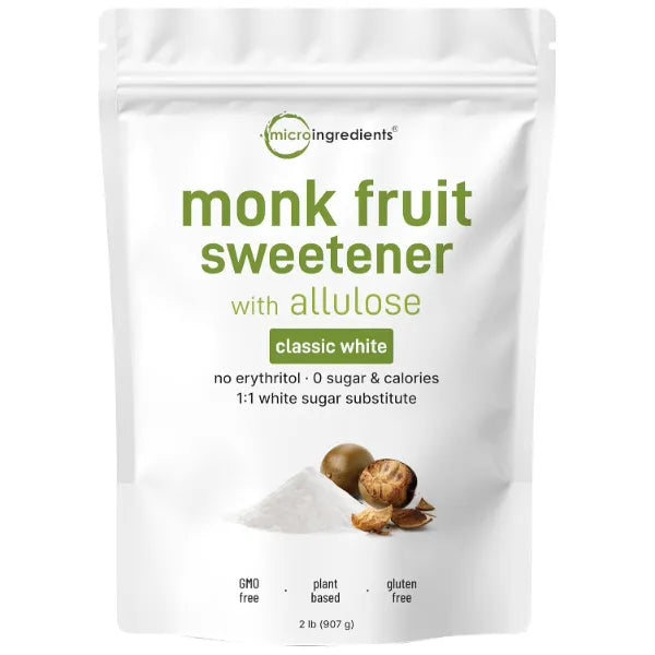 Micro Ingredients Monk Fruit Sweetener with Allulose, 2 lbs | No Erythritol | No Aftertaste, 1:1 White Sugar Substitute, Keto & Vegan Friendly, Zero Calorie | Great for Drinks, Coffee, Tea, Cookies | Non-GMO
