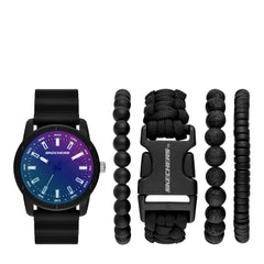 Skechers Men's Ardmore Quartz Metal and Silicone Casual Sports Watch - Black/Blue Laser Bracelet Set
