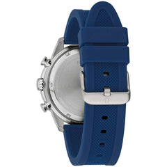 Bulova Men's Sport 6-Hand Chronograph Quartz Watch with Silicone Strap, 24 Hour Time, Calendar Date, Luminous Hands and Markers, 100M Water Resistant, 44mm - Blue Rubber Strap/ Stainless