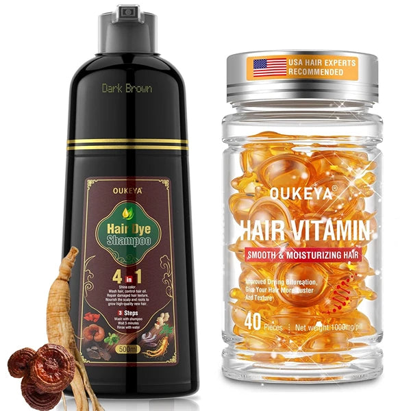 OUKEYA 4-in-1 Dark Brown Hair Dye Shampoo with Hair Vitamins & Treatment Serum for Long-Lasting Color