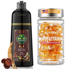 OUKEYA 4-in-1 Dark Brown Hair Dye Shampoo with Hair Vitamins & Treatment Serum for Long-Lasting Color