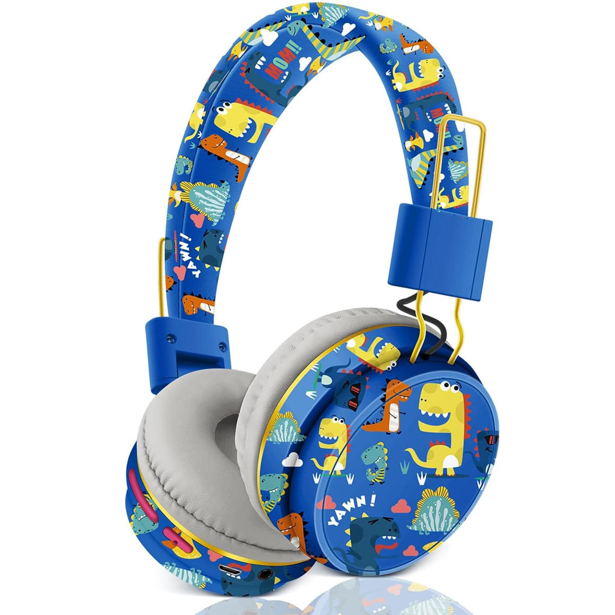 Azonee Blue Dinosaur Wireless Headphones for Kids, Bluetooth Headphones with Microphone, Over-Ear Headset for Kids Ages 2+, Compatible with iPad/Fire Tablet