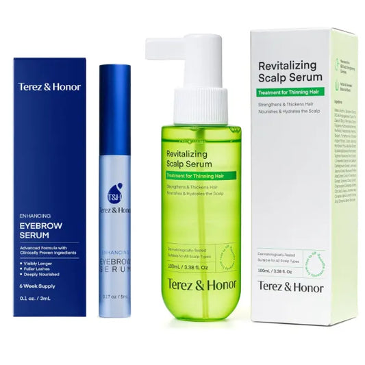 TEREZ & HONOR Eyebrow Growth Serum & Hair Growth Spray Bundle – Korean Vegan Enhancer for Thicker Brows and Hair