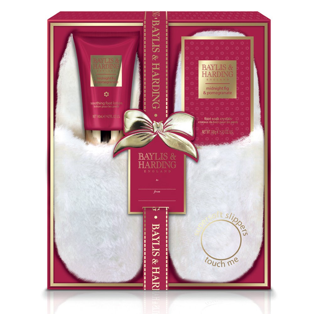Baylis & Harding and midnight fig and pomegranate slippers sise medium 4-7 foot sok crystals 100g foot lotion 140ml