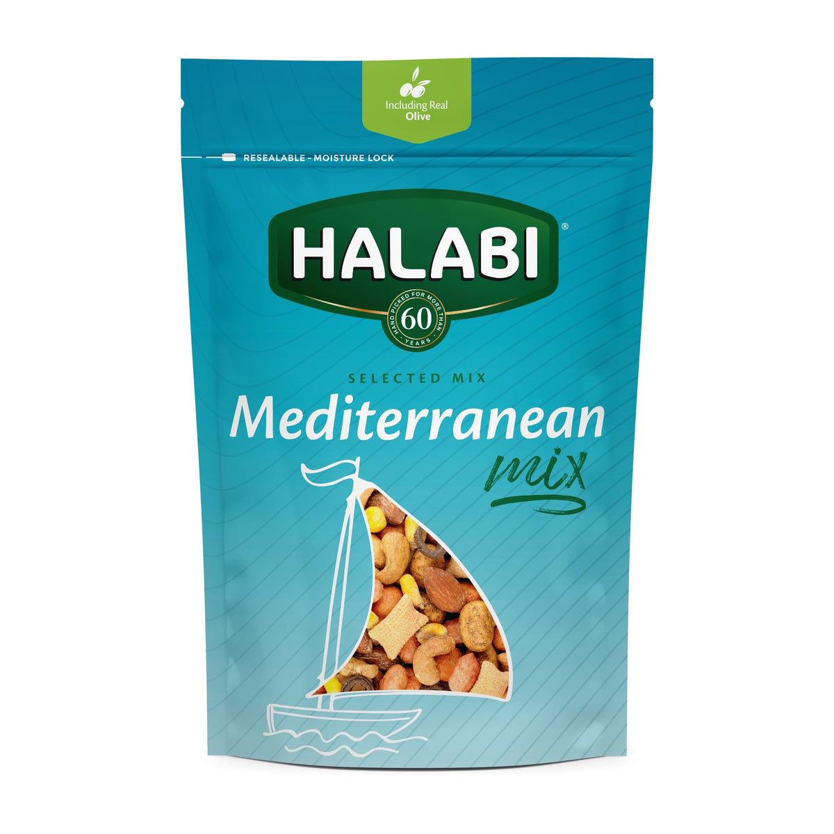 Halabi Mediterranean Mix Baked Snacks - Mixed Nuts, Peanuts, Almonds, Cashews, Corns, Resealable Bag - 175g
