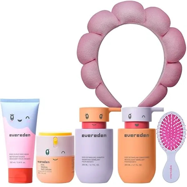 Evereden Kids Skincare & Haircare Set Cloud Face Wash, SPF 20 Daily Face Cream, Shampoo, Conditioner, Headband & Hair Brush 6 Piece Vegan, Dermatologist Tested Clean Routine