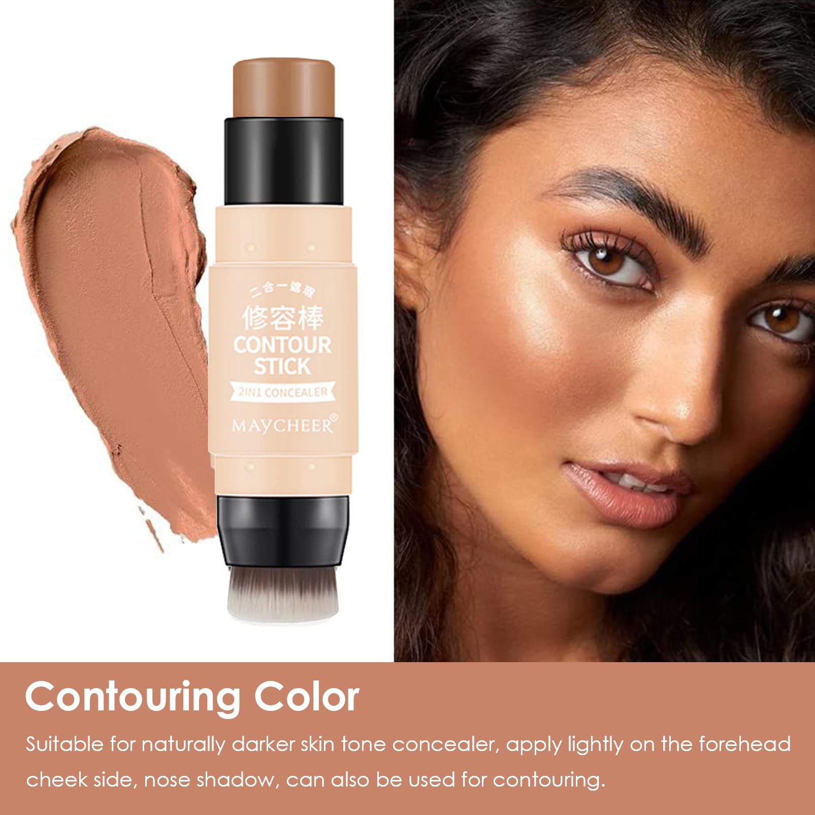 Contour Foundation Stick, Contour Bronzer Pen, Creamy Concealer Bronzer Stick, Face Brightens Shades Pencil with Brush, Highlighting Shade, Highlight Shaping Stick, Waterproof, Longwear Makeup