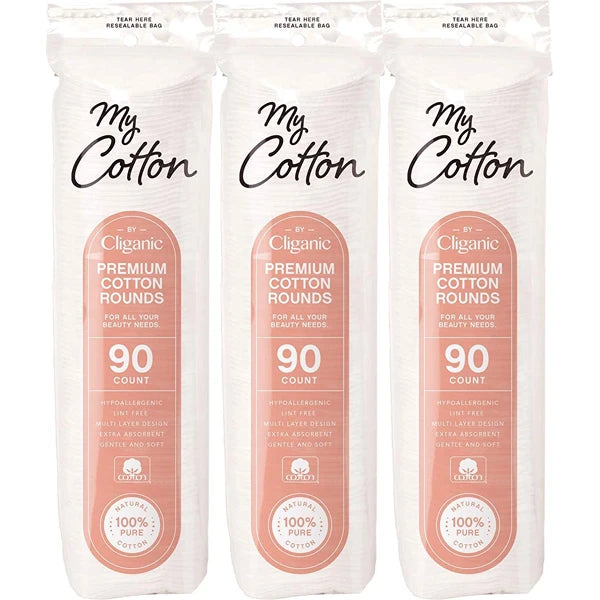 Cliganic My Cotton Premium Rounds for Face (3 Pack) | Makeup Remover Pads, Hypoallergenic, Lint-Free | 100% Pure Cotton