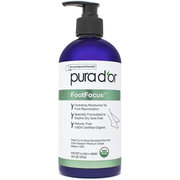 PURA D'OR 16 Oz FootFocus Organic Aloe Vera Gel For Severe Cracked Heel Repair Foot Care Products - Soothes Sore Feet Extra Strength Feet Care - Vitamin E, Peppermint, Tea Tree & Eucalyptus Oil