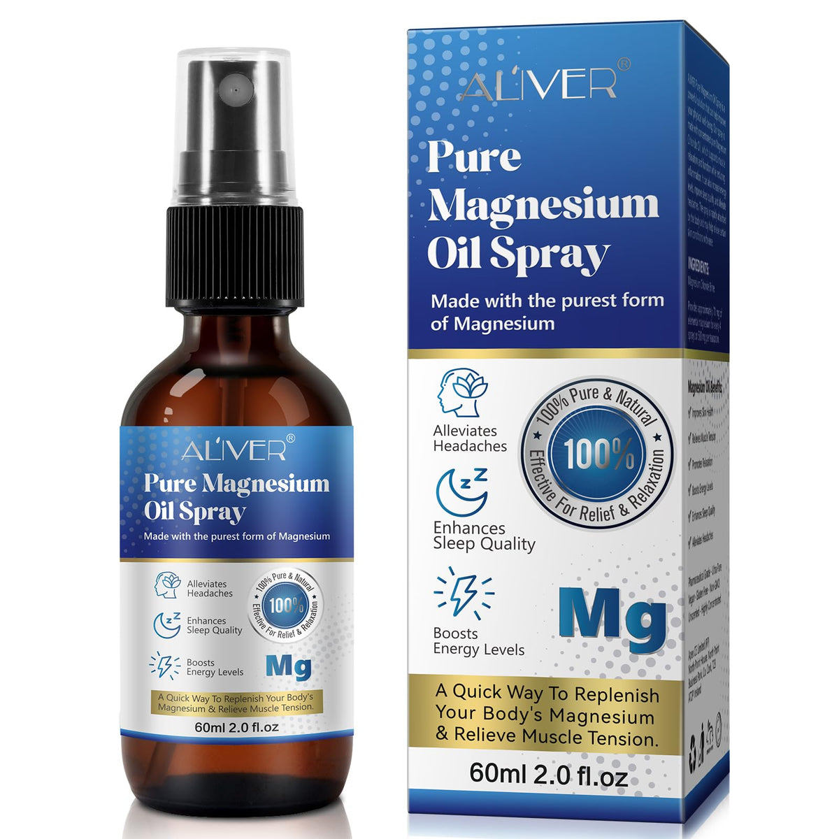 ALIVER Pure Magnesium Oil Spray 60ml, Improve Sleep Quality and Energy Level, 100% Natural, Gluten Free, Non-Transgenic Foot Magnesium Spray